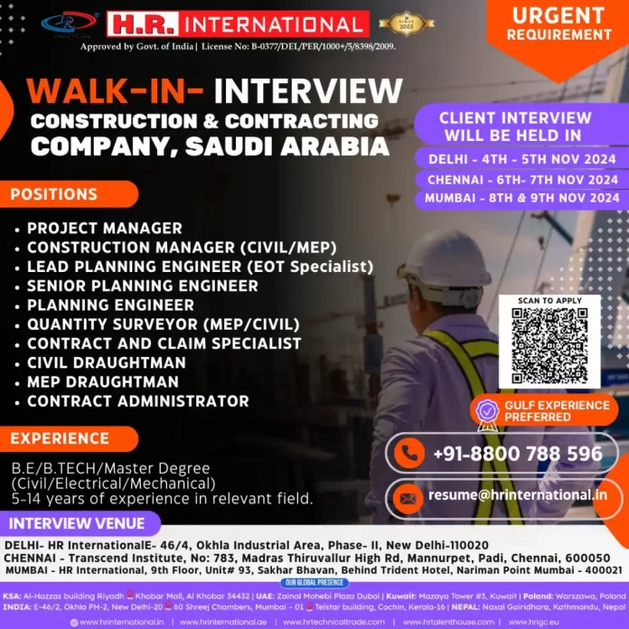 Walk In Interview for Construction