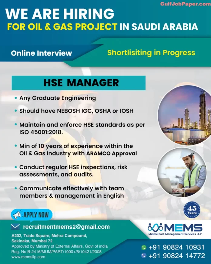 Hiring HSE Manager for Oil and Gas Project