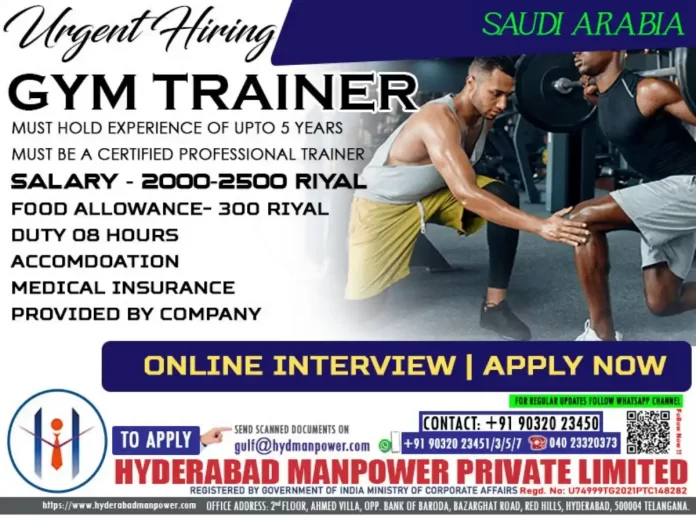 Hiring for Gym Trainer in Saudi Arabia