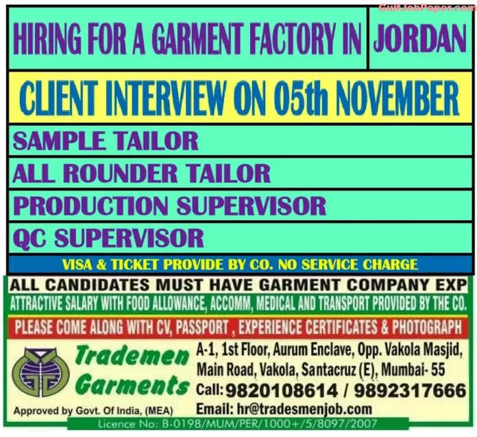 Hiring for Garment Factory in Jordan