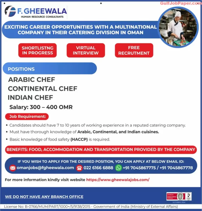 Hiring for Chefs in Oman