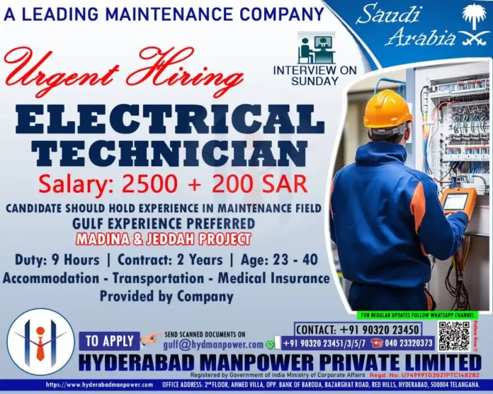 Hiring for Electrical Technician in Saudi Arabia