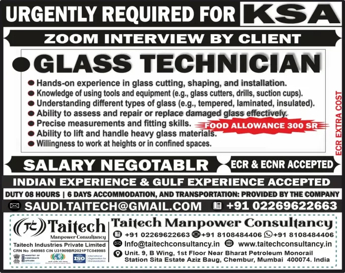 Glass Technician Job in Saudi