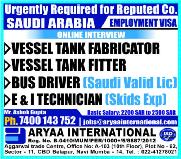 Urgently Hiring for Saudi Arabia