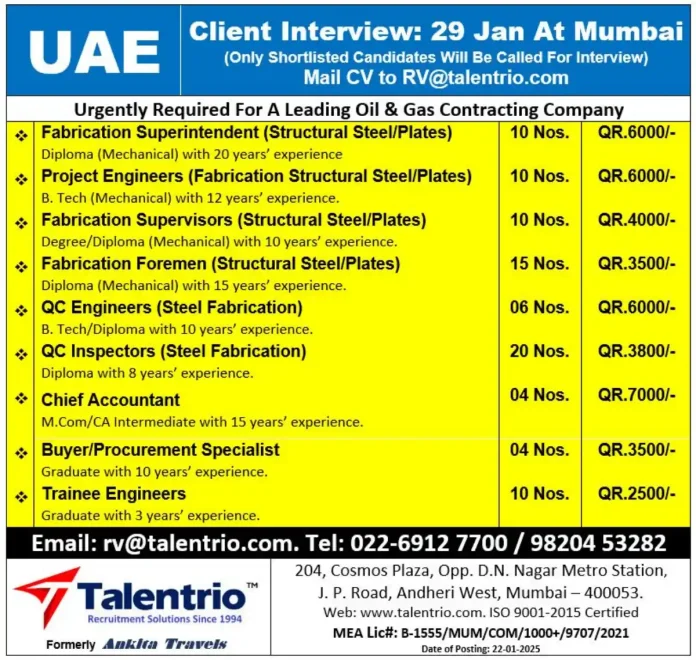 Hiring for UAE Oil and Gas Company