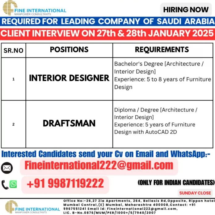 Hiring for Interior Designer and Draftsman