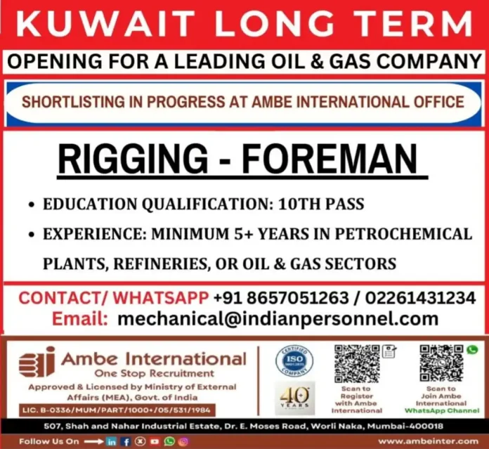 Urgent Hiring for Rigging Foreman