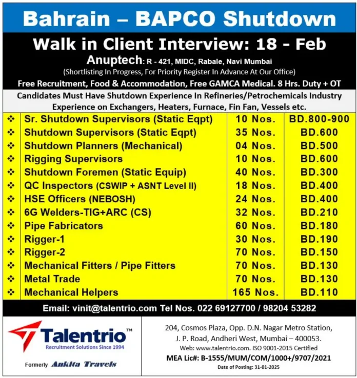 Bahrain Shutdown Jobs 2025