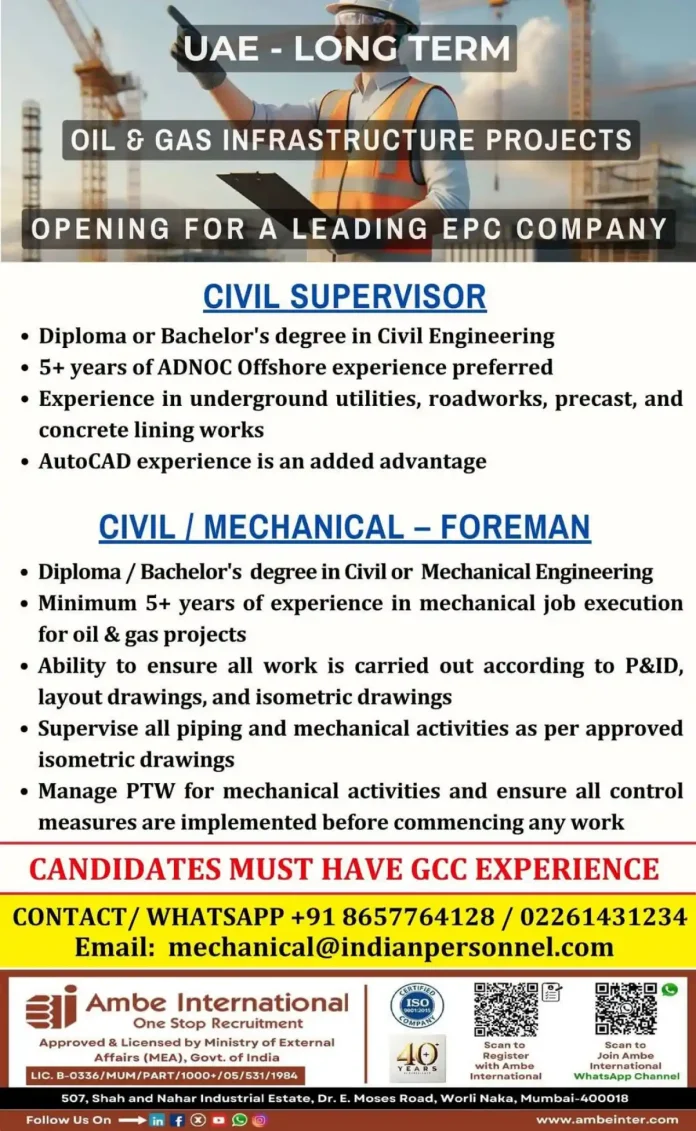 Civil Supervisor Jobs and Civil Mechanical Foreman Jobs