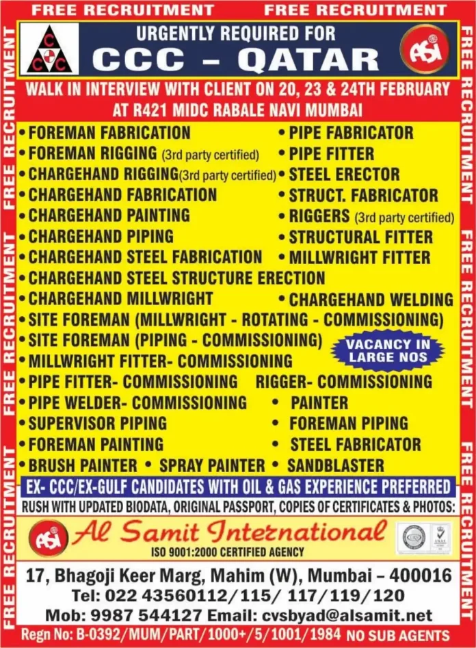 Hiring for Foreman, Chargehand, Pipe Fitter, Rigger, Welder and More